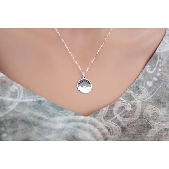 Sterling Silver Sterling Silver Mountain Charm with Moon Phase Cutouts Necklace - Picture 1 of 5